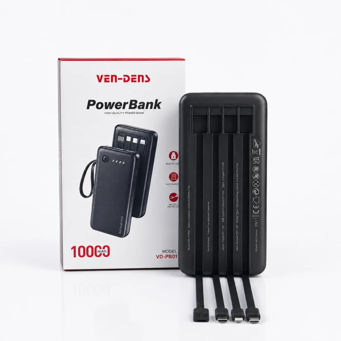 VEN-DENS VD-PB058 10000mAh High-Quality Power Bank with Built-in Charging Cable